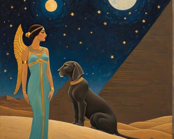 Regal figure in turquoise gown with black dog and moons