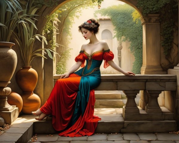 Elegant woman in vibrant dress amid greenery and architecture