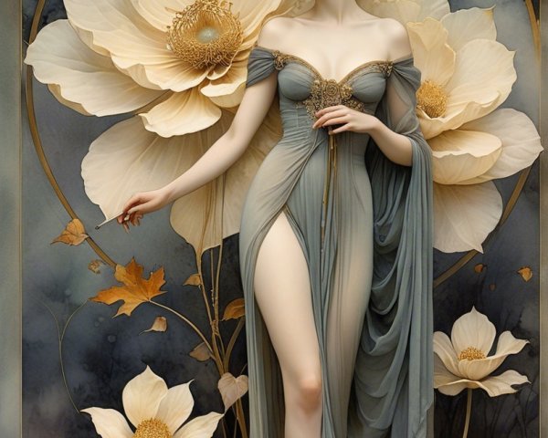 Elegant figure surrounded by soft floral blooms