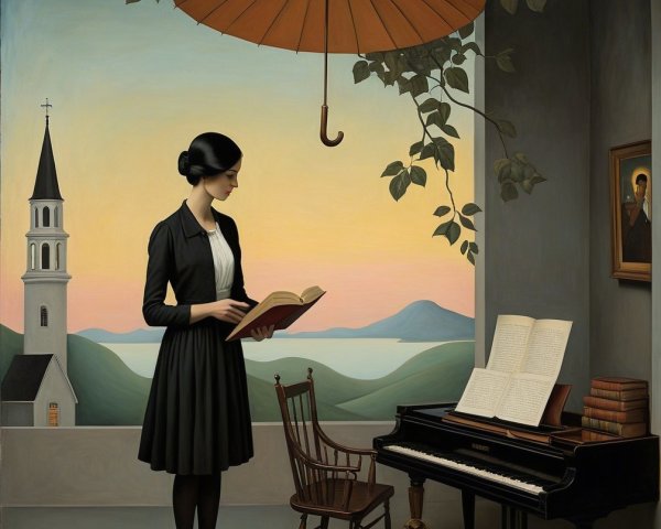 Woman in Black Dress Reading Under Umbrella Indoors