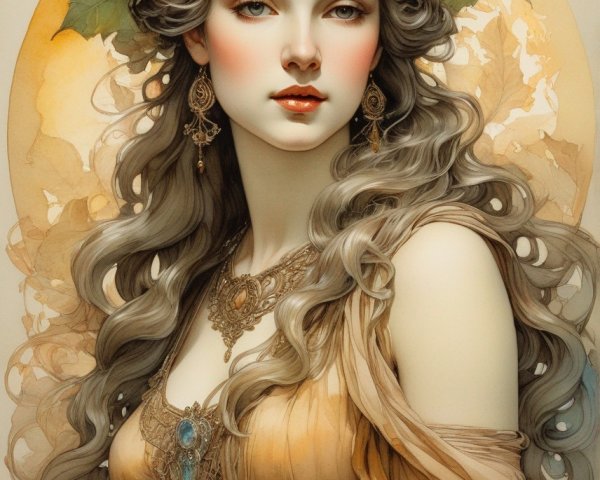 Woman with Flowing Hair Adorned with Autumn Leaves and Jewelry