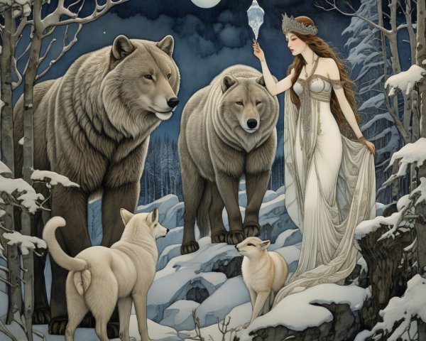 Mystical Woman with Bears and Wolves in Snowy Landscape