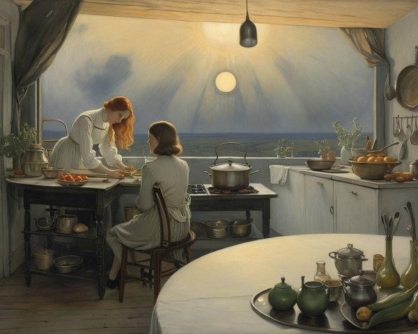Serene Kitchen Scene with Women Cooking Together