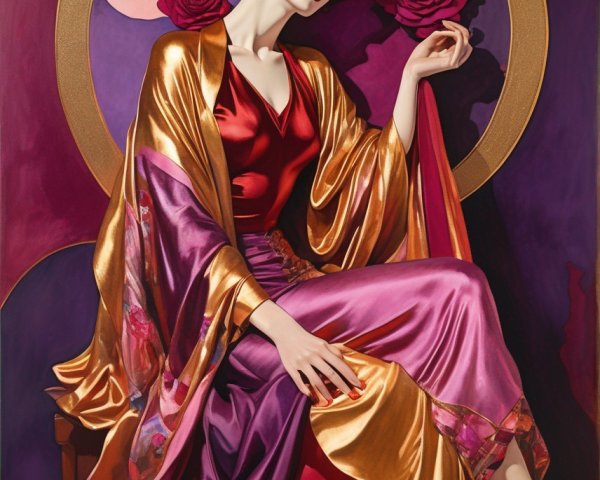 Stylized painting of woman in red and gold robe with halo and roses