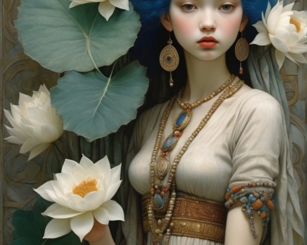 Ethereal woman with blue head jewels and gold accessories among white lotus flowers.