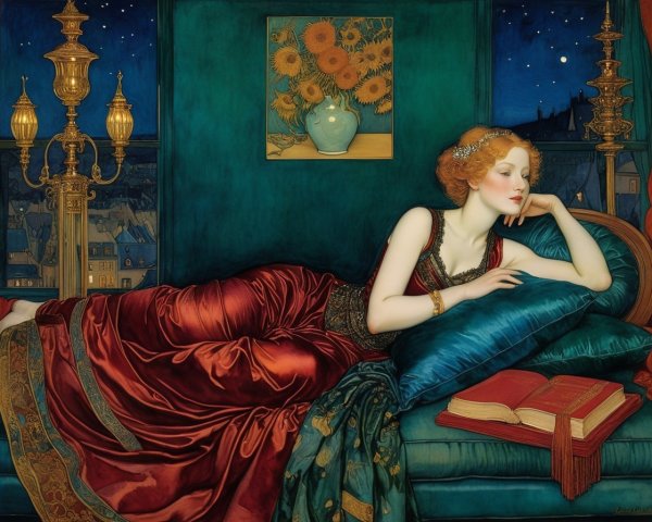 Woman in Red Gown Lounging on Plush Couch at Night