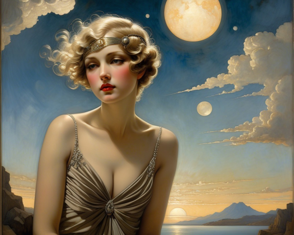 Ethereal Woman in Silver Dress Against Surreal Landscape