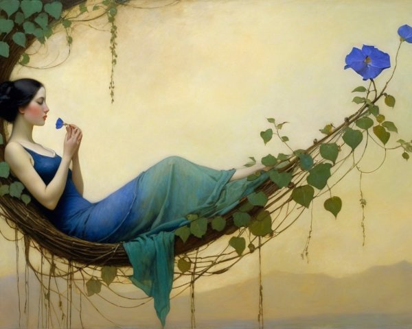 Serene Woman in Blue Dress on Curved Vine with Flower