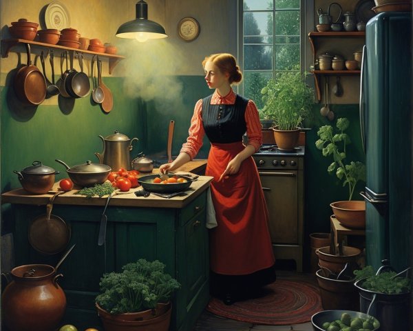 Vintage Kitchen Scene with Meal Preparation and Warm Light
