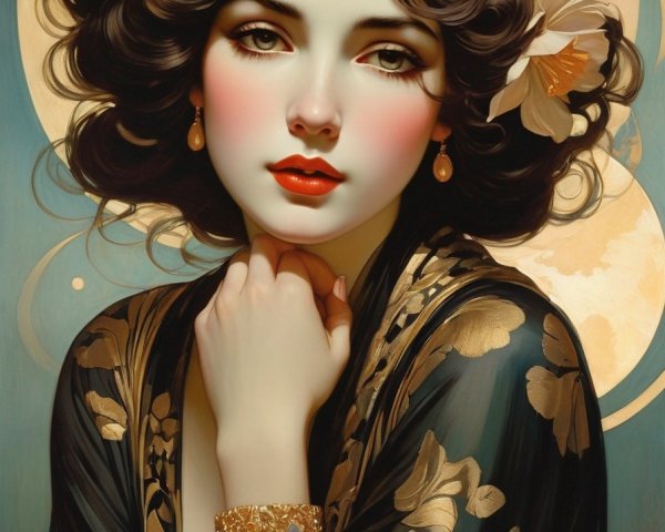 Woman with Curly Hair and Floral Adornments