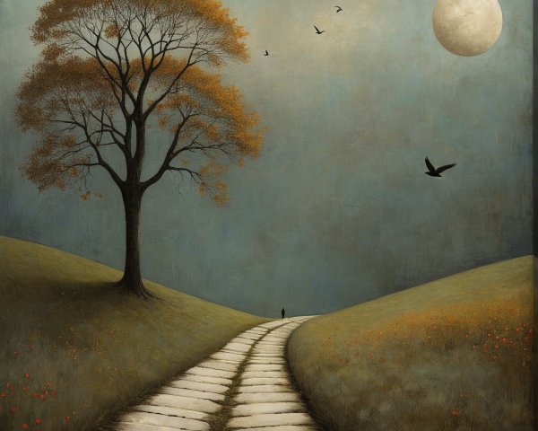Serene Landscape with Autumn Foliage and Full Moon