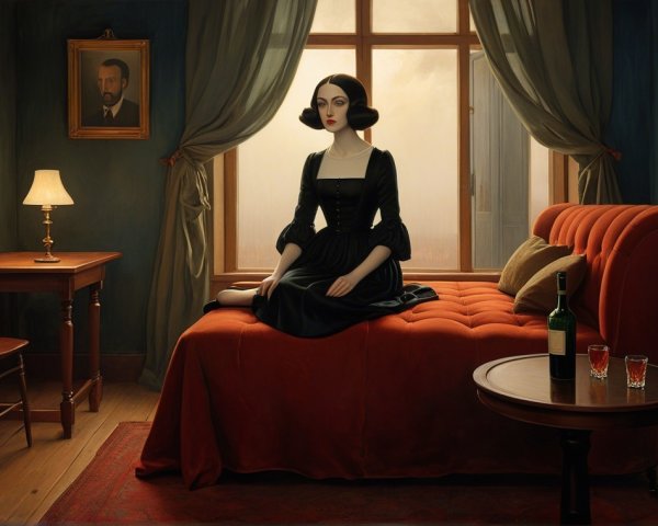 Elegant Woman in Black Gown in Dimly Lit Room