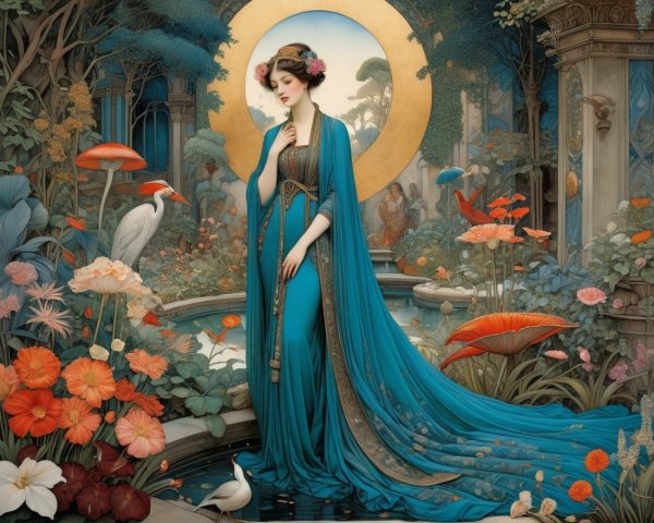 Serene Figure by Tranquil Pond with Nature Elements