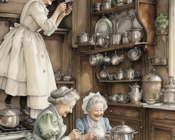 Elderly Women Cooking in a Vintage Kitchen Setting