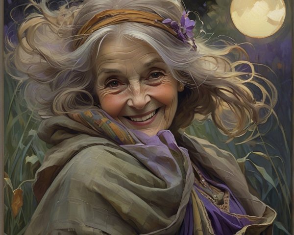 Joyful older woman in nature with floral headband