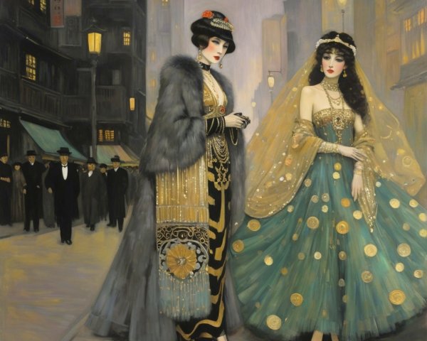 Vintage Fashion of Two Women in 1920s Street Scene