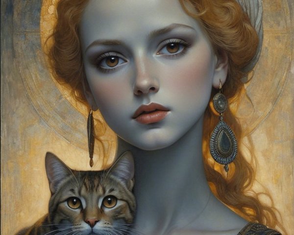 Serene Young Woman with Cat and Mystical Background