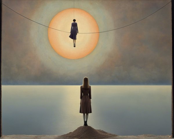 Surreal Artwork of Figures Under Radiant Sun and Water