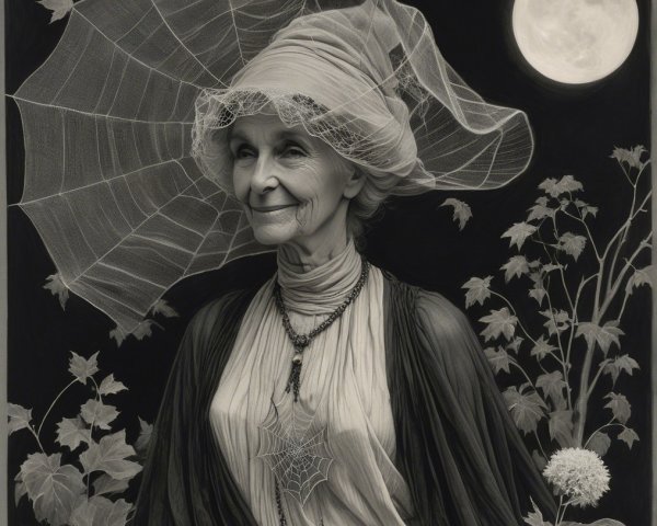 Elderly Woman in Vintage Dress with Spiderweb and Moon