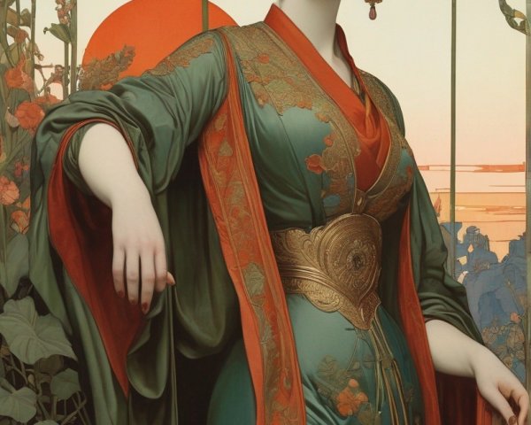 Elegant Woman in Flowing Gown Surrounded by Nature