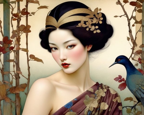 Illustration of East Asian Woman with Bluebird in Autumn