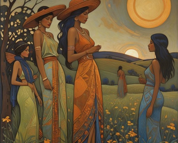 Five Women in Elegant Gowns in Serene Landscape