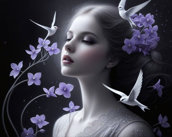 Digital Artwork of Young Girl with Birds in Flight