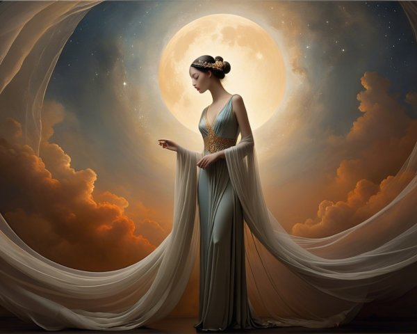 Young Woman in Light Blue Attire in Surreal Landscape