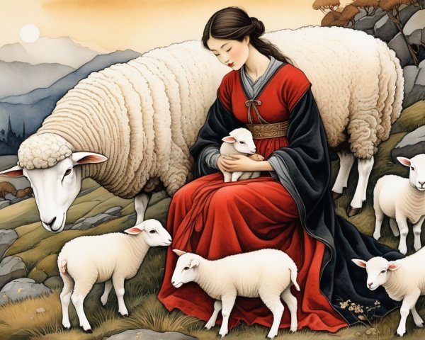Woman in Red Attire with Lamb in Pastoral Scene