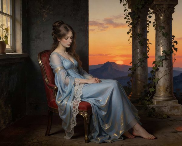 Renaissance Oil Painting of Woman in Blue Dress