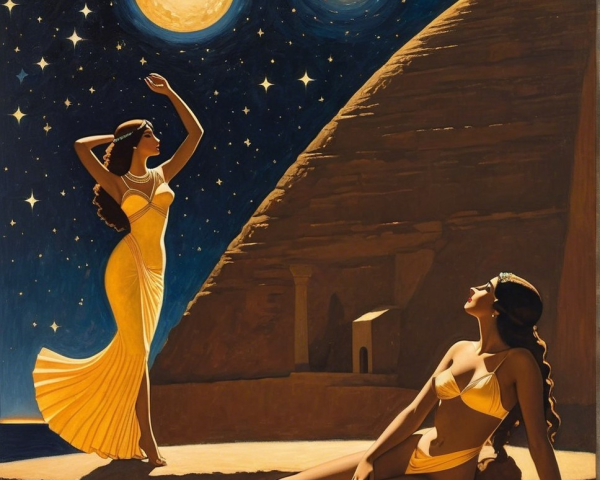 Elegant Women in Yellow Attire Under Starry Night Sky