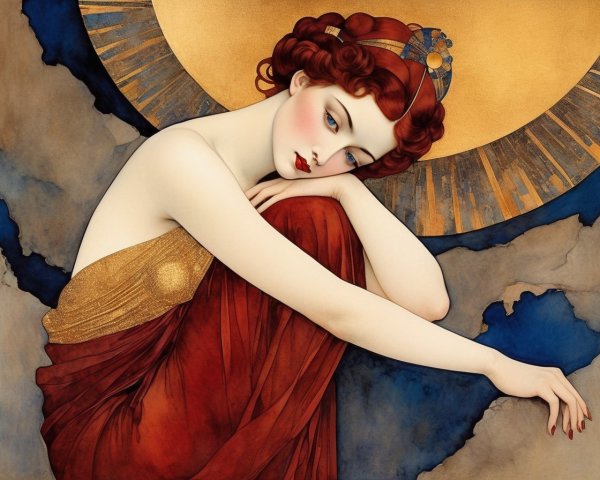 Art Nouveau Illustration of Woman with Red Drapery