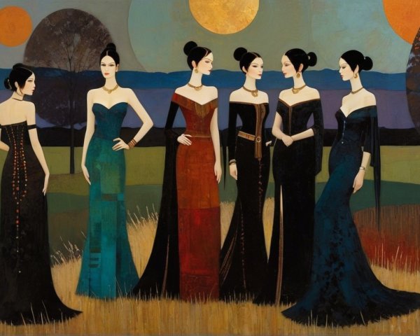 Elegant Women in Unique Gowns Against Sunset Landscape