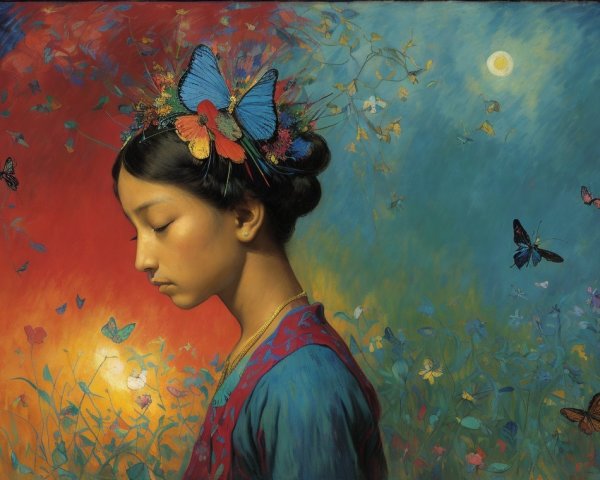 Young girl in floral headpiece with butterflies