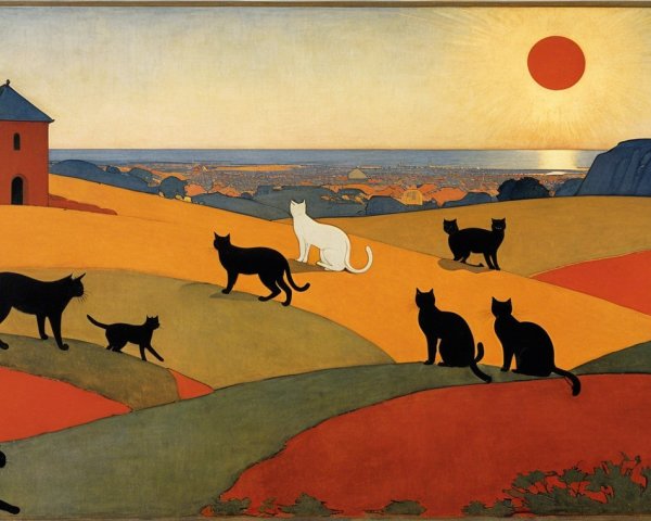 Vibrant Sunset Landscape with Cats and Tower