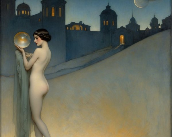 Nude Figure with Crystal Orb in Twilight Landscape