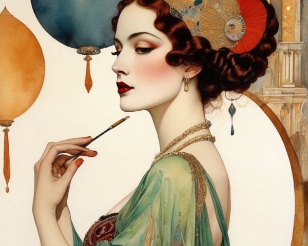 Poised woman with ornate headpiece and cigarette holder against warm tones and circular motifs