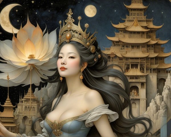 Serene figure with crown and pen amid blossoms and pagoda