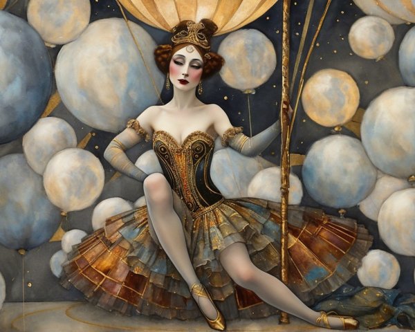 Whimsical Figure in Vintage Costume with Balloons
