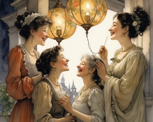 Evening Scene of Women Laughing on a Whimsical Porch