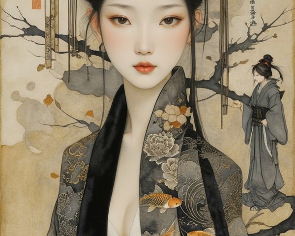 Artwork of a Woman in Floral Robe with Koi Fish
