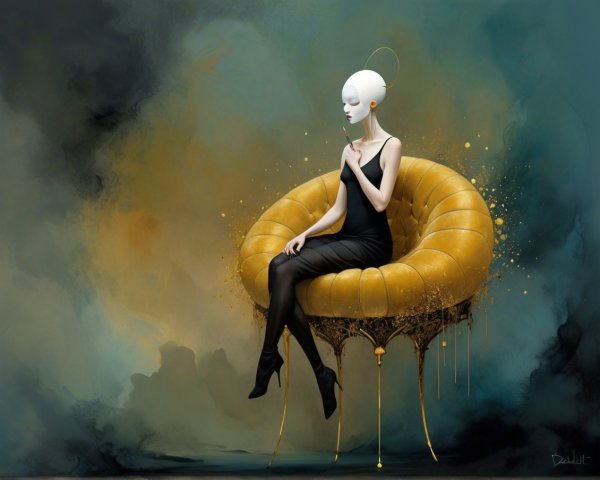 Surreal Figure on Ornate Chair with Abstract Background