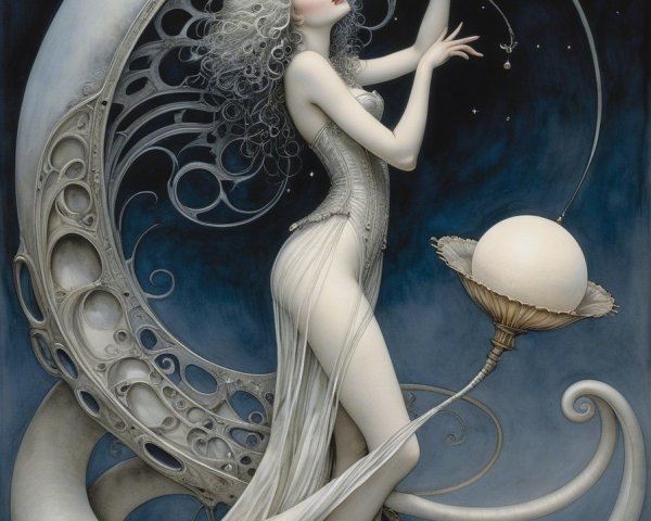 Ethereal figure in gown against starry night sky