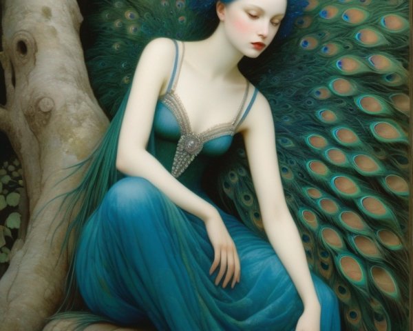 Woman with peacock headpiece sitting on tree in flowing blue gown.