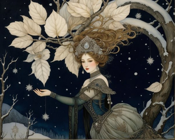 Graceful Woman in Serene Winter Landscape with Gown