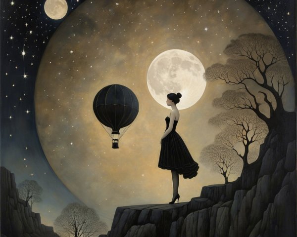 Woman in Black Dress Under Luminous Moons and Stars