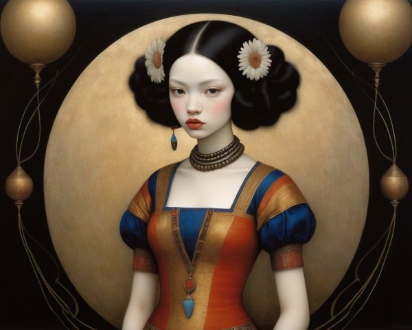 Asian Woman in Renaissance Dress with Floral Hair and Golden Circles