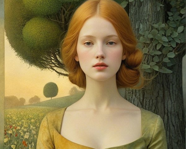 Portrait of a Young Woman in a Vintage Green Gown