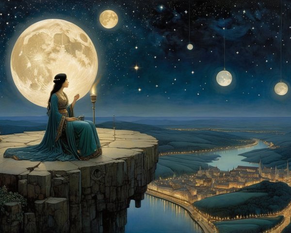 Serene Figure on Cliff Under Starry Sky and Moonlight