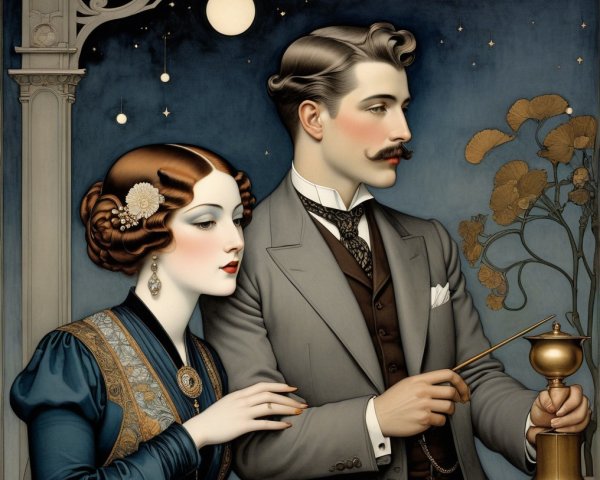 Vintage Couple Under Soft Lamp with Starry Background